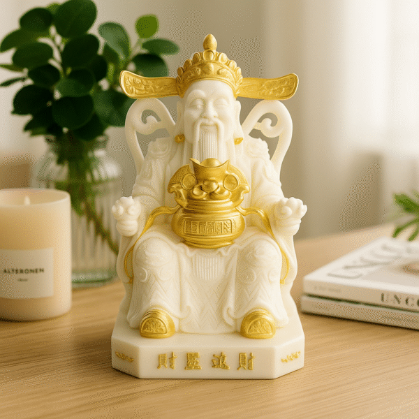 Hand-Carved Caishen – God of Wealth (Seated with Treasure Pot)