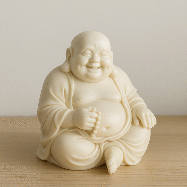 Hand-Carved Laughing Buddha – Ivory Edition (with Prayer Beads)