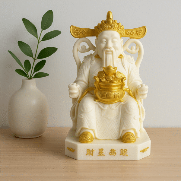 Hand-Carved Caishen – God of Wealth (Seated with Treasure Pot)