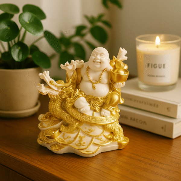 Hand-Carved Laughing Buddha on Dragon