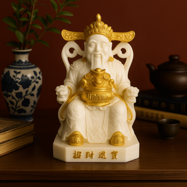 Hand-Carved Caishen – God of Wealth (Seated with Treasure Pot)