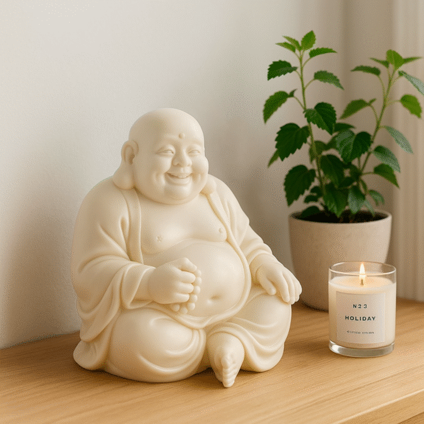 Hand-Carved Laughing Buddha – Ivory Edition (with Prayer Beads)