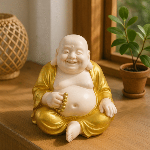 Hand-Carved Laughing Buddha with Prayer Beads