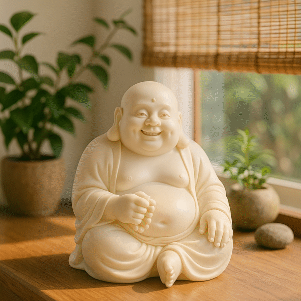 Hand-Carved Laughing Buddha – Ivory Edition (with Prayer Beads)