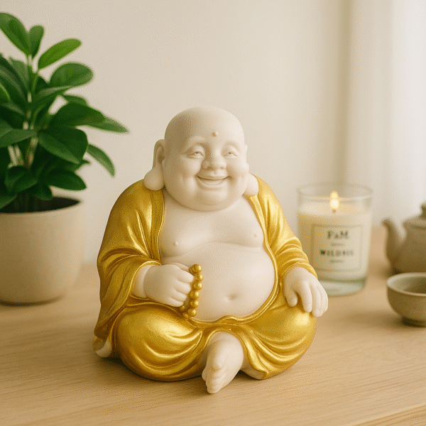 Hand-Carved Laughing Buddha with Prayer Beads