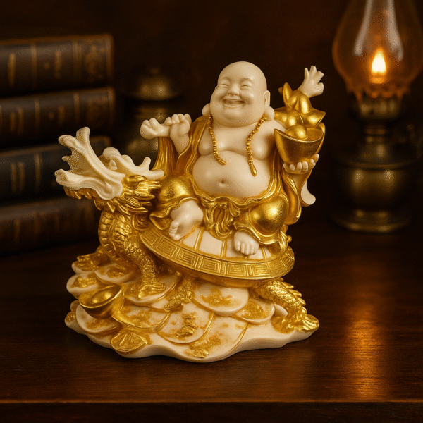 Hand-Carved Laughing Buddha on Dragon